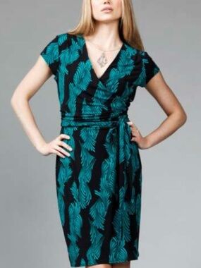 Nicole Miller Faux Wrap Dress Sz L Black Green Leaves Knee Length